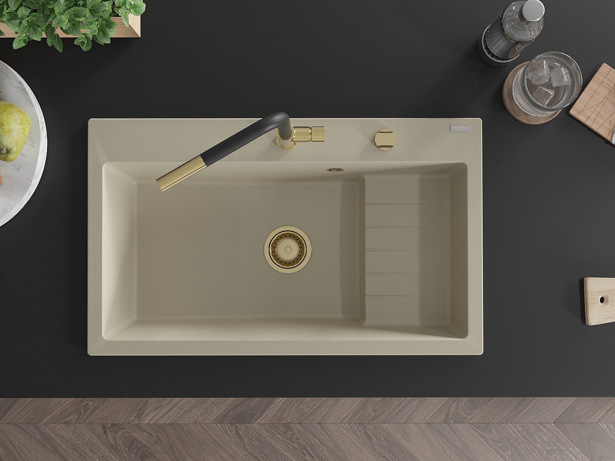 Mexen Omar évier en granit 1 bac 800 x 480 mm, beige, siphon doré - 6520801005-69-G - 4