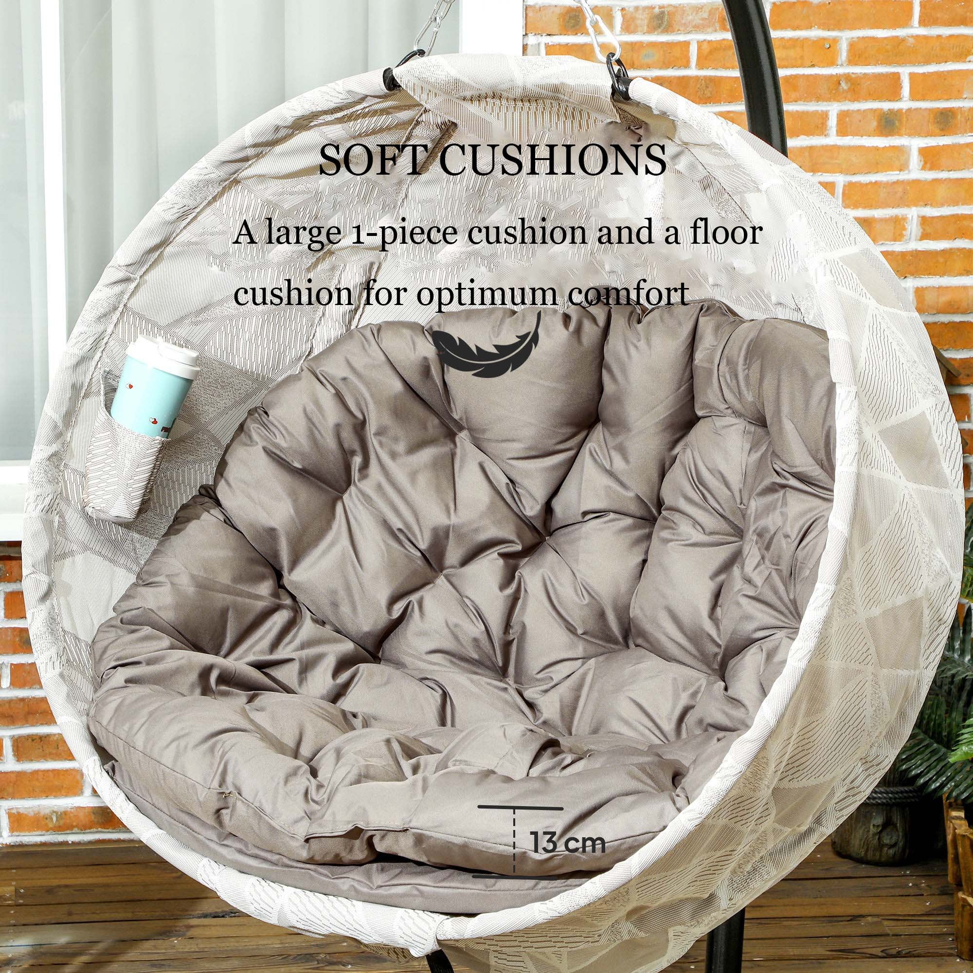 Fauteuil suspendu œuf pour l'extérieur, balançoire suspendue pliable avec porte-gobelet et siège lavable, structure en U, pour terrasse et jardin - 4