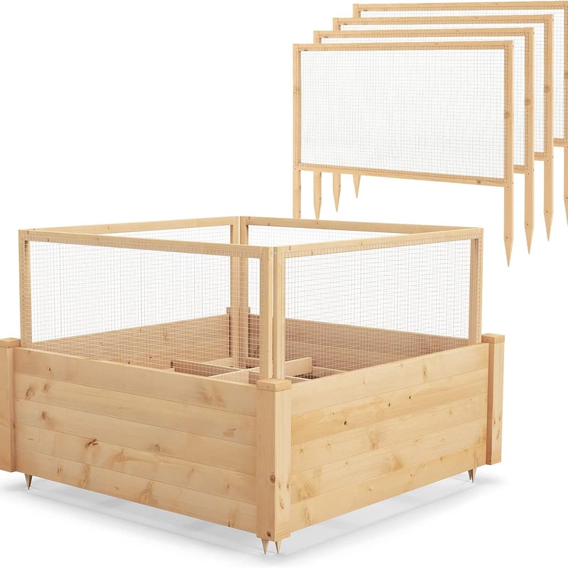 Drewniany Ogródek Warzywny z Ogrodzeniem z Siatki Przeciw Zwierzętom i Otwartą Podstawą – Donica z Regulowanymi Strefami do Ogrodu/Balkonu/Tarasu