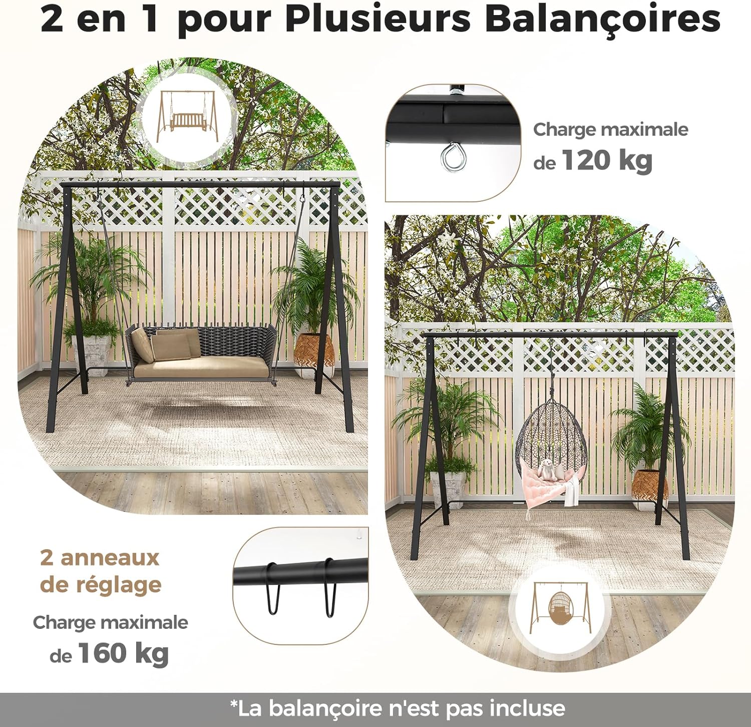 Portique Balançoire Extérieur,Support Balançoire Porche en Métal, Cadre de Balançoire,Capacité 160 kg /120 kg (210x110x175CM,Noir) - 3