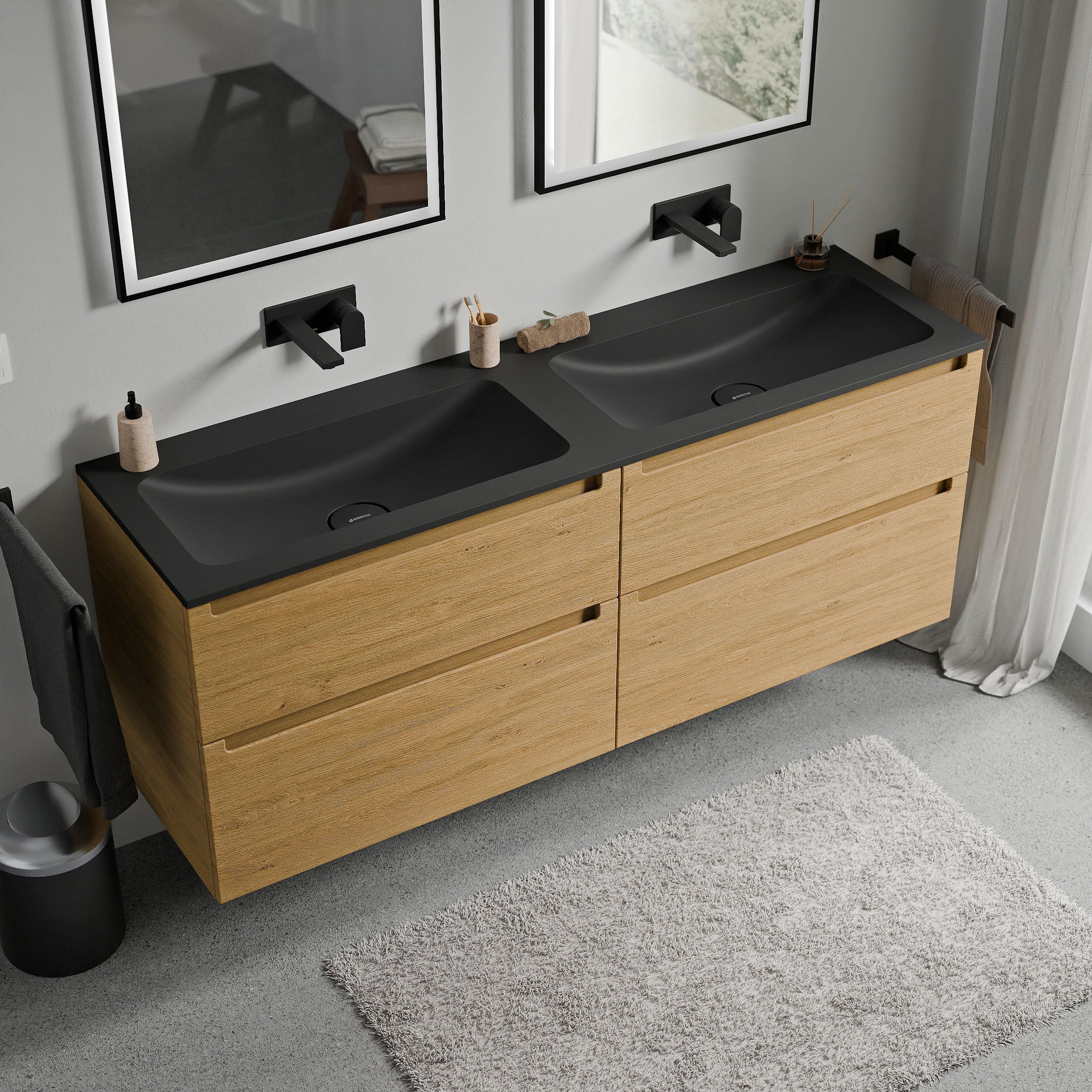 BERNSTEIN - Meuble double vasque suspendu MDF Chêne miel, lavabos fonte Noir mat sans trou robinet, tiroirs pivotants - 160x46x62cm - VIREO - 2