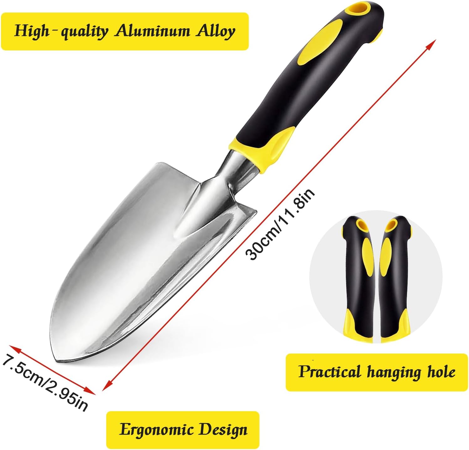 Zestaw attrezzi da giardino z aluminium da 3 pezzi: rastrello, pala, vanga, cazzuola e pala a punta larga con manici antiscivolo (giallo*1） - 2