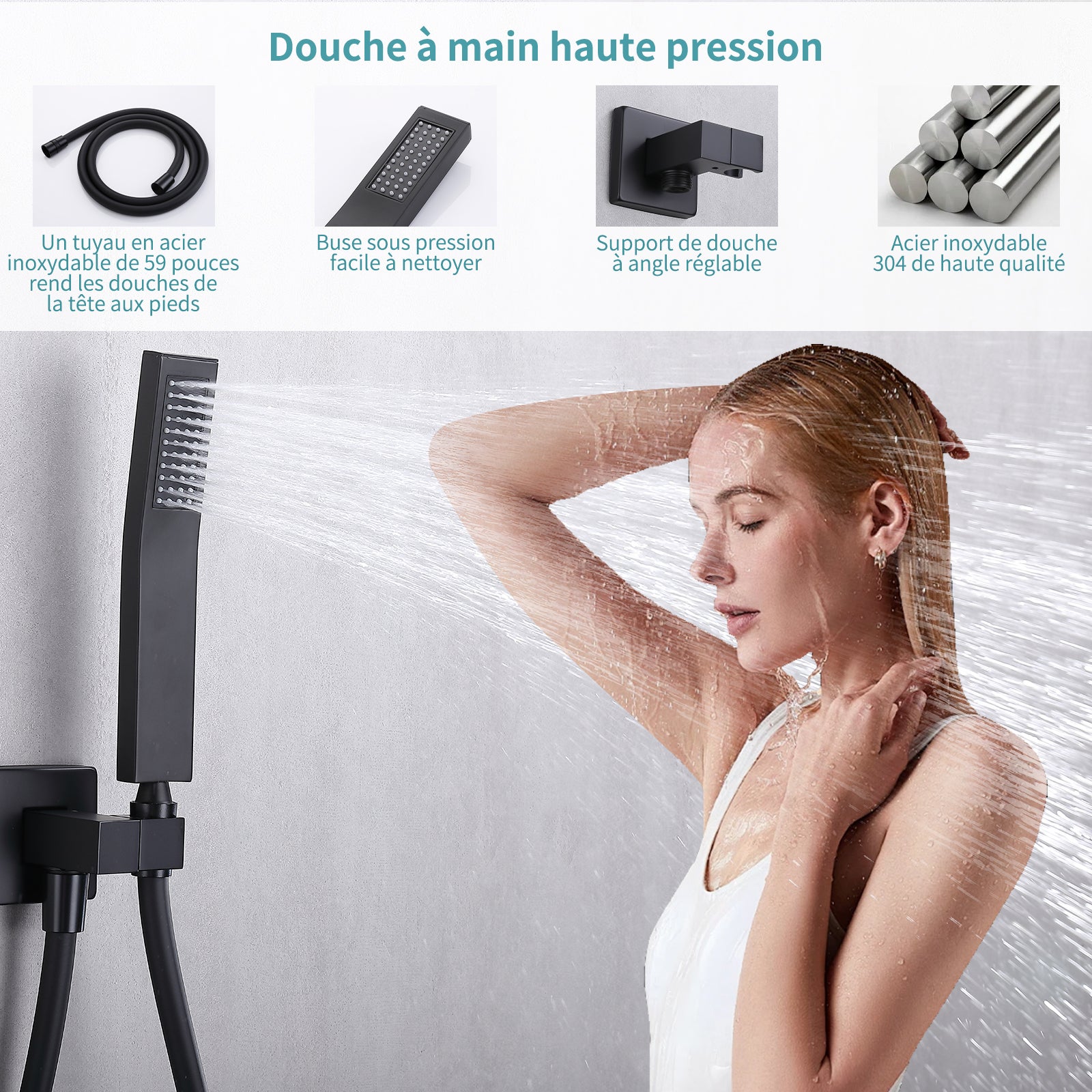 Colonne de Douche Encastrée Noir avec Tête Carrée 12