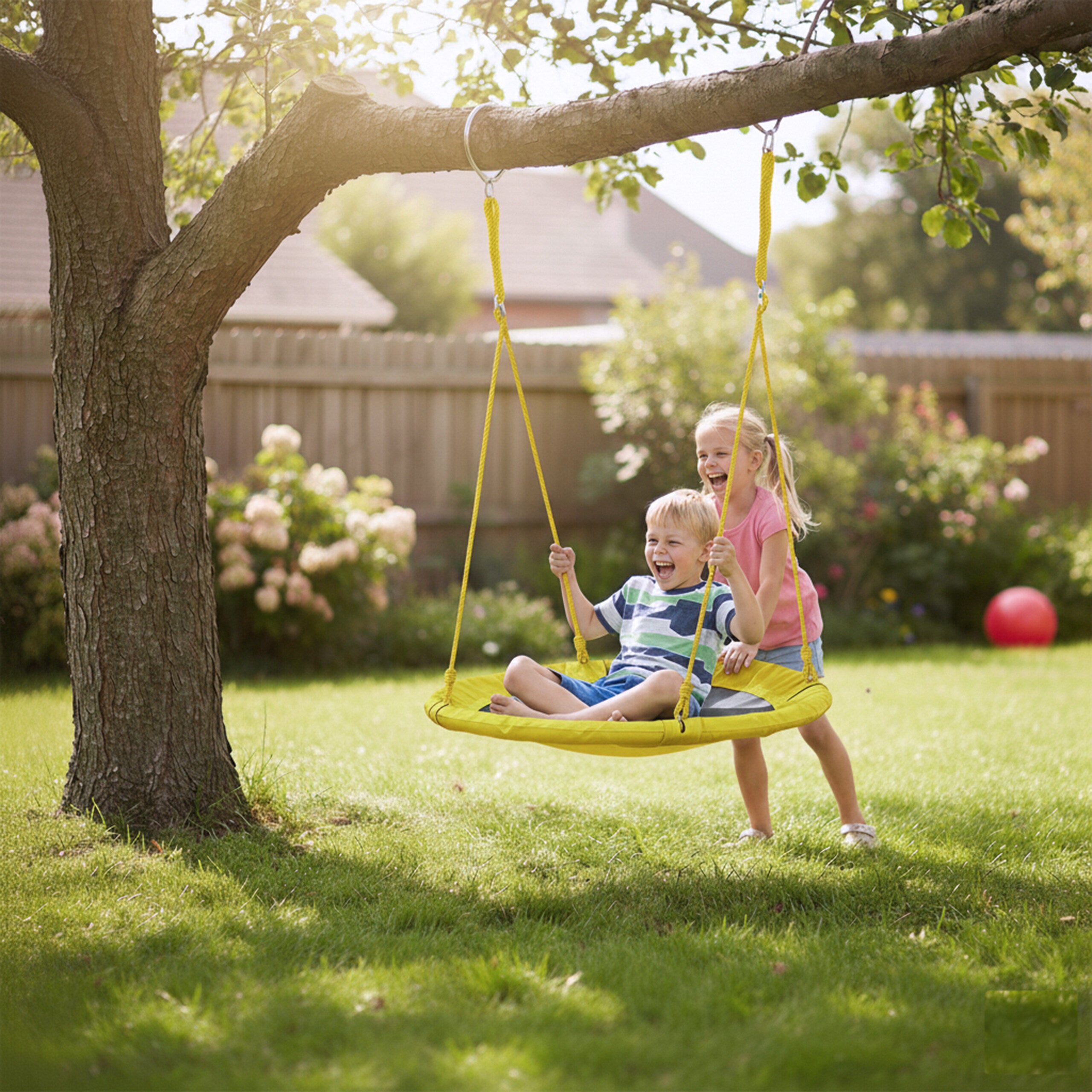 Balançoire nid d'oiseau rond 110 cm à suspendre enfant adulte jardin extérieur Ø 110 cm, 100 kg, jaune, Relaxdays - 2