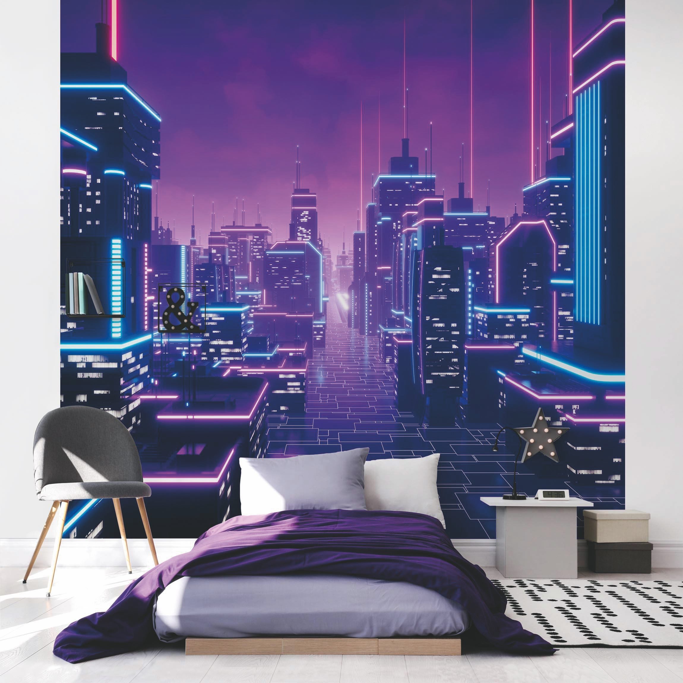 Papel pintado fotomural 3d neón arte ciudades arte digital 389 - dormitorio juvenil dormitorio salón - tnt 192 x 192 cm smart