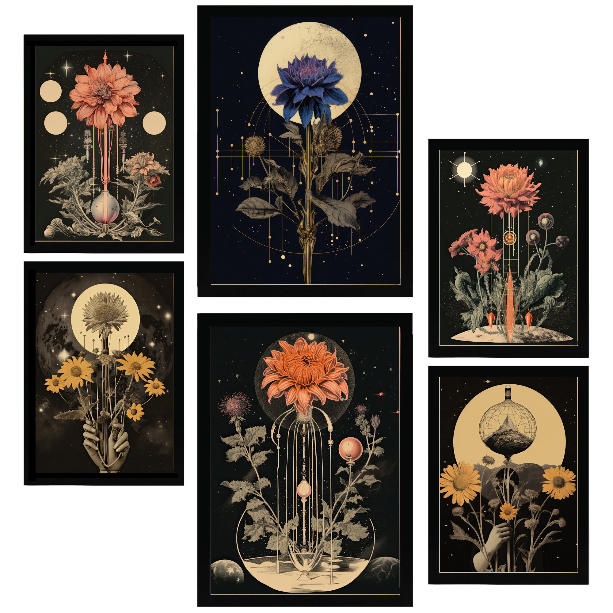 Nacnic set de 6 pósters ilustracion collage surrealista estilo esoterico mistico marco negro