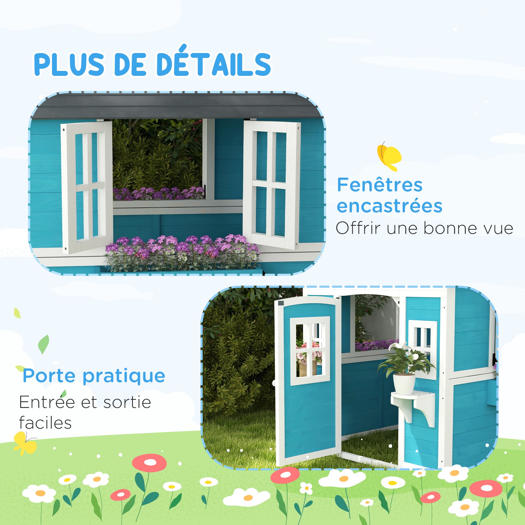 Cabane enfant extérieur maison enfant extérieure avec porte fenêtres et jardinières 114 x 126,4 x 135 cm bleu pour la maison - 9