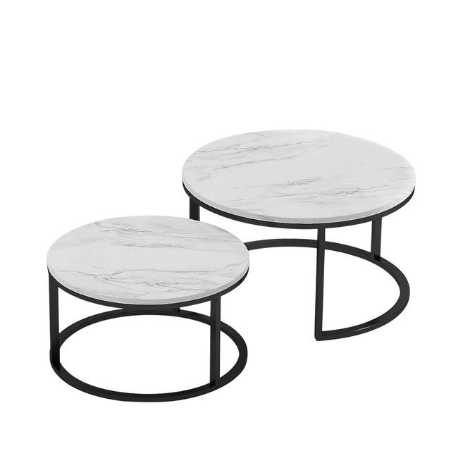 Lot de 2 Tables Basses, Rondes Table d'Appoint avec Plateau en Bois et Base en Métal, Tables Gigognes en Forme de C, Table de Moderne - 6