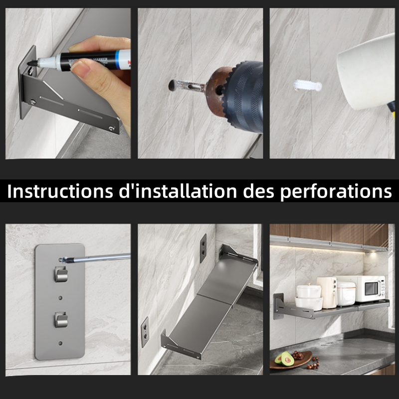 Étagère de cuisine extensible pour micro-ondes, installation sans perçage, porte-four mural, (36.5-60)*34*15.7cm, Noir - 6