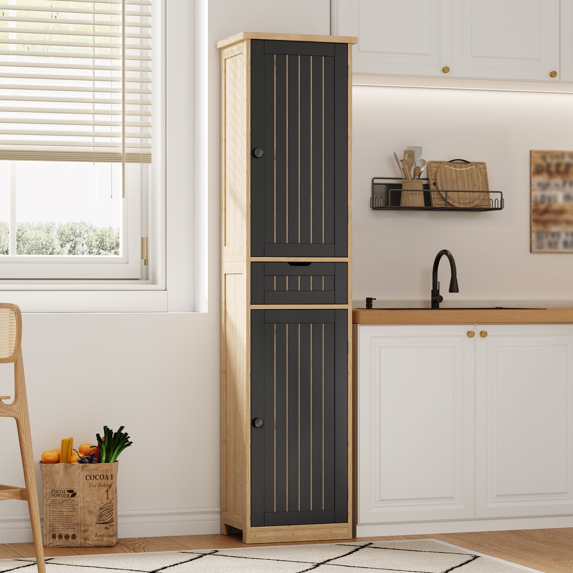 Colonne de rangement avec 2 portes, 1 tiroir et 4 étagères réglables, buffet de cuisine - 40 x 30 x 170 cm - MDF - Naturel + noir - 3