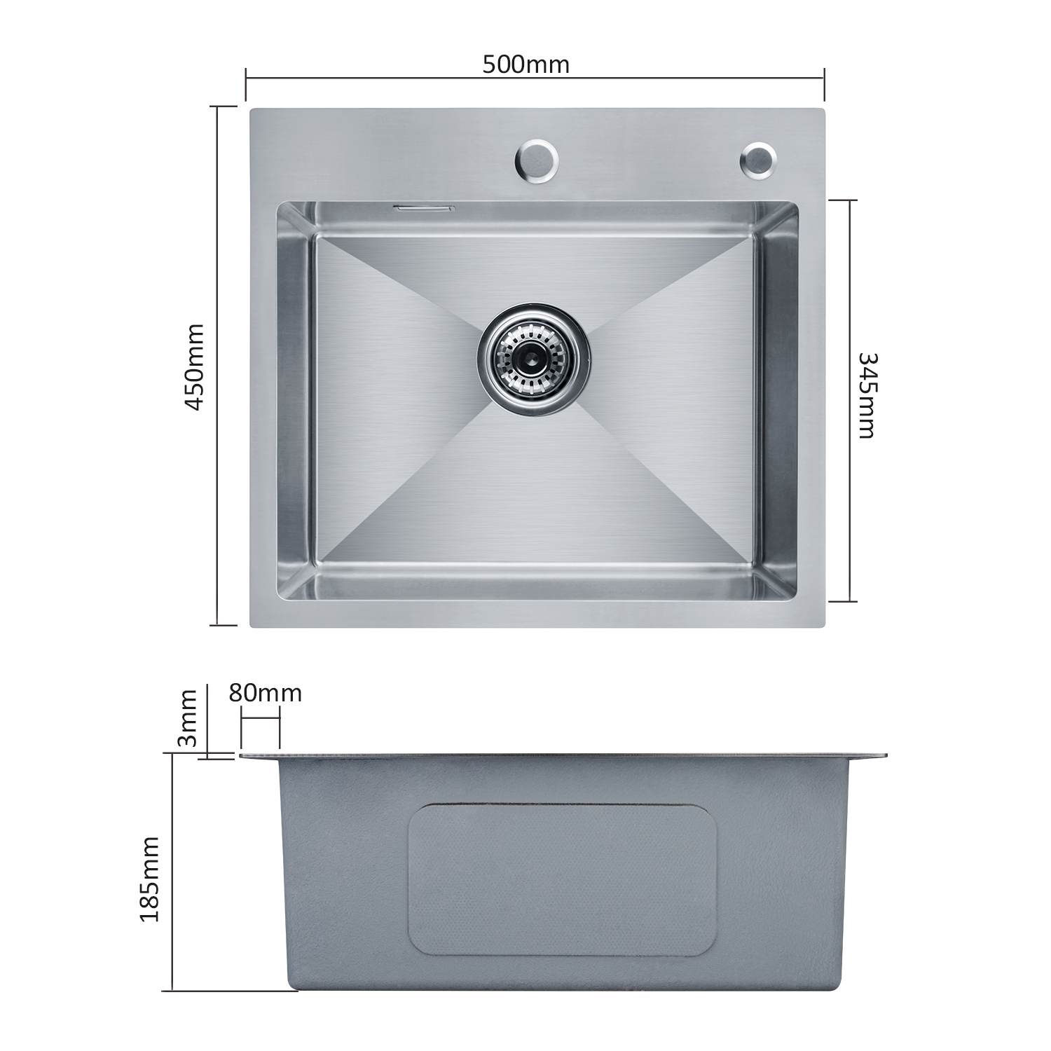Cecipa max Évier de Cuisine 1 Bac, Évier de Cuisine 50 x 45 x 18,5 cm, Évier de Cuisine Carré Inoxydable Brossé,EU Modèle - 3