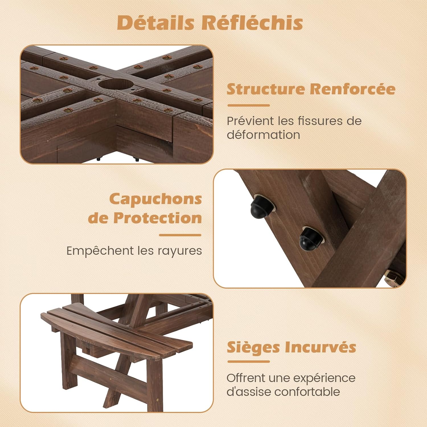 Table Pique-Nique Extérieur 8 Personnes, Table à Manger Jardin Ronde pour Patio avec 4 Bancs Intégrés, Trou Paraso 5 cm, Charge 100+250KG*4 (Marron) - 4