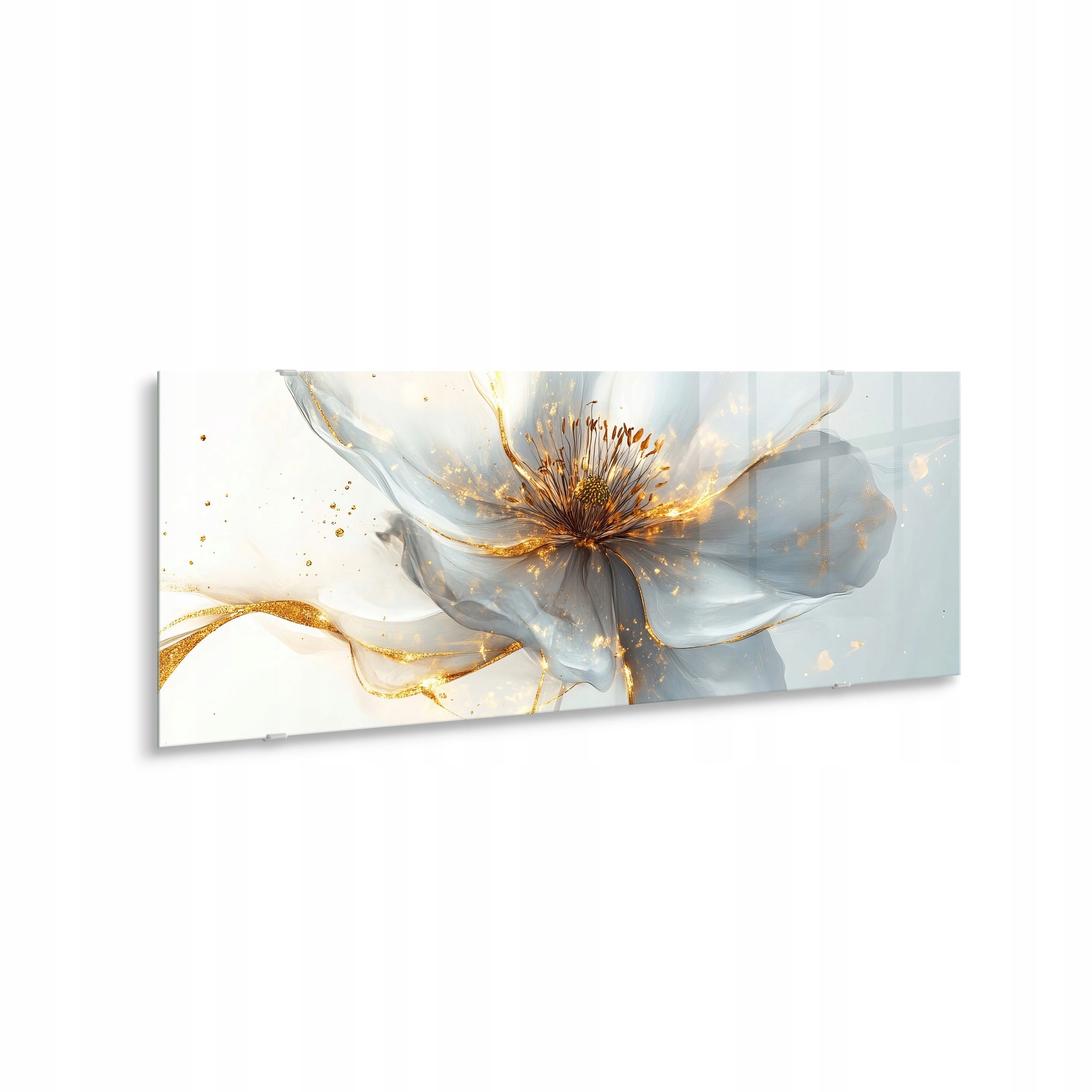 STYLER Tablou pe sticlă Glasspik floare albă și auriu glamour 50 x 125 cm, pentru living, dormitor, hol și birou