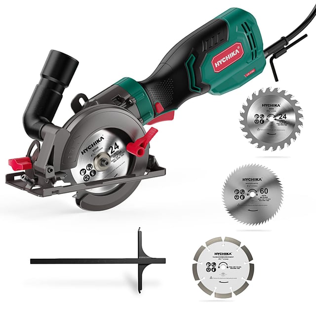 Sega Circolare 750W, HYCHIKA Mini Sega Circolare 3500RPM, Profondità Di Taglio Massima 48 mm (90°) e 32mm (45°)