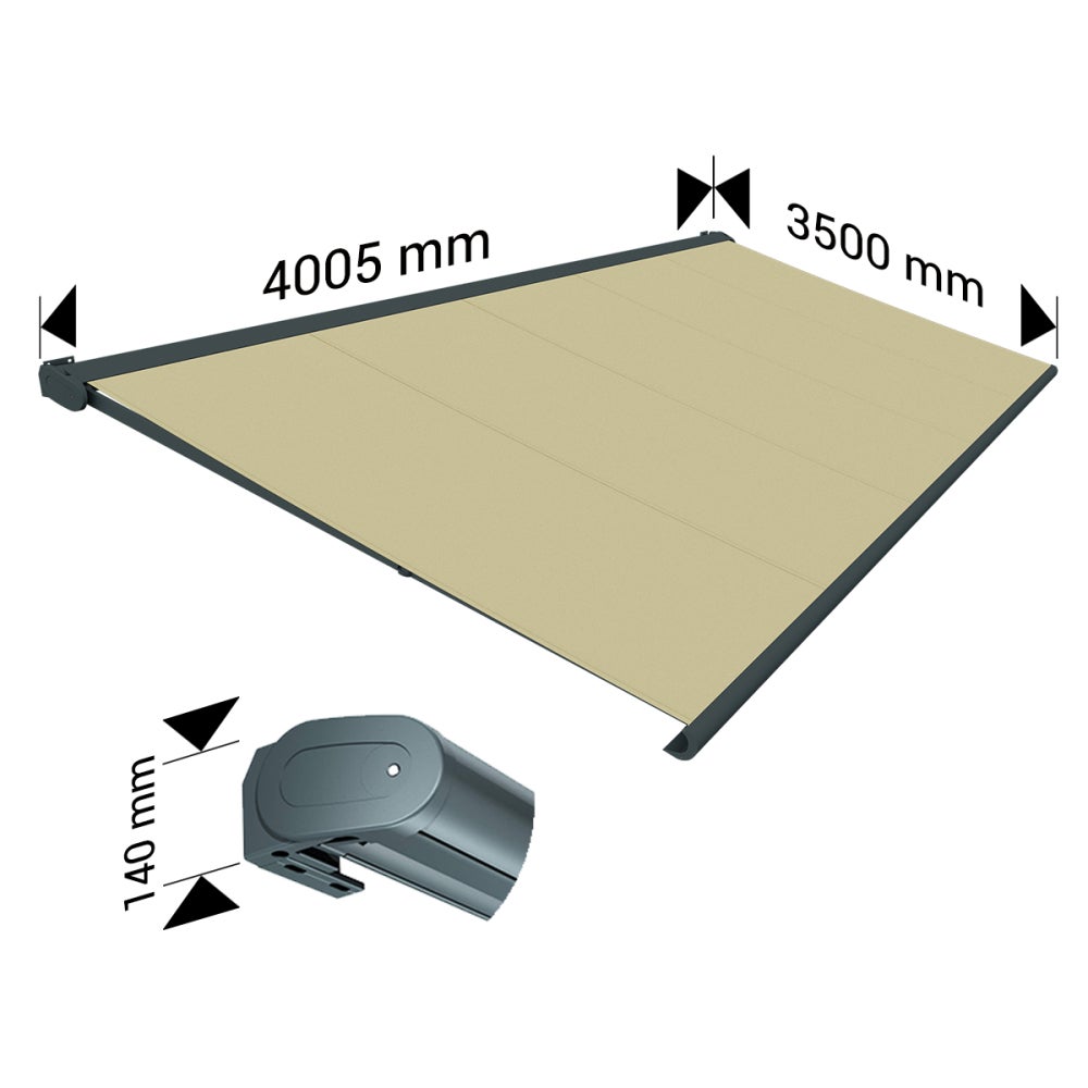 Store banne Coffre intégral PROTECT 2 LED Gris Anthracite 4,05x3,50m Motorisé à télécommande + Eclairage LED - Toile Écrue - 4