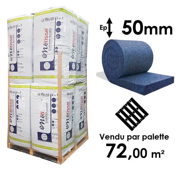 LAINE DE COTON METISSE EN ROULEAU - EPAISSEUR 50MM (R=1,25) - PALETTE ENTIÈRE 72M²
