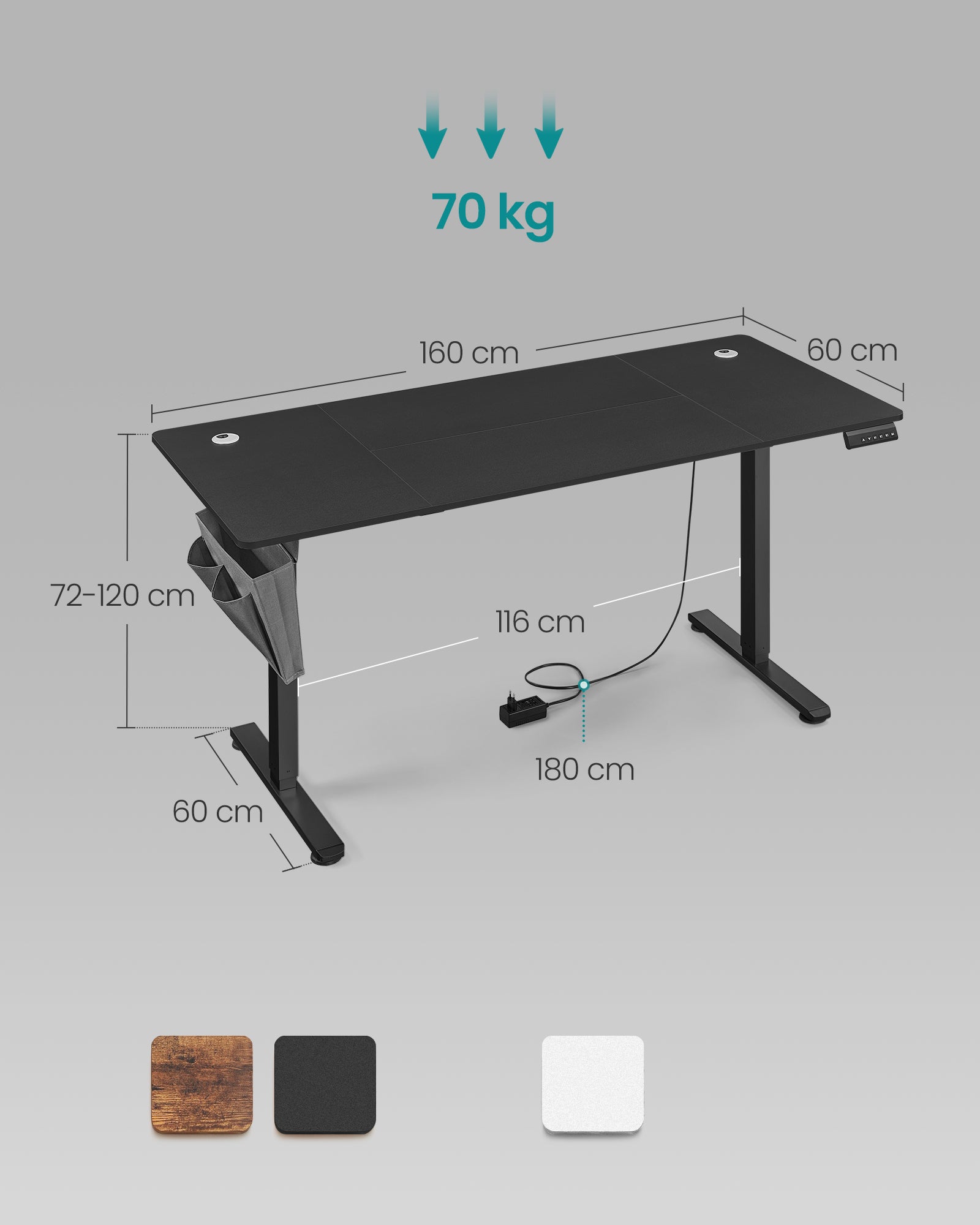 Bureau Électrique Assis-Debout, Bureau Réglable en Hauteur, 70 x 160 x (72-120) cm, 4 Hauteurs Mémorisables, Pochette de Rangement, Noir - 5