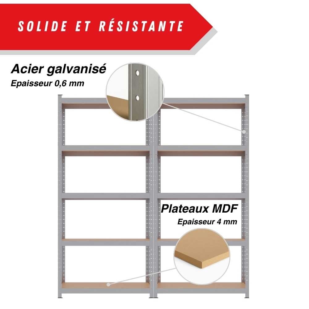 Étagère garage métallique 5 niveaux L180×P40xH180 cm : Robuste, modulable, montage facile par clips sans vis - 40 cm - Gris - 5