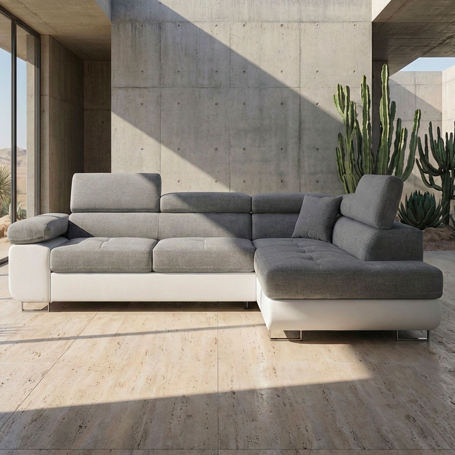Canapé d'angle convertible Antoni avec têtières relevables angle à droite simili Blanc et tissus Gris clair - 2