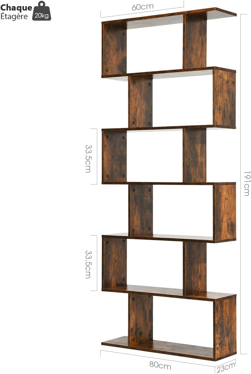 Bibliothèque en Forme S, 80 x 23 x 191 cm Étagère de Rangement à 6 Niveaux, Style Moderne Industriel avec Dispositif Anti-Basculemen, Café - 3