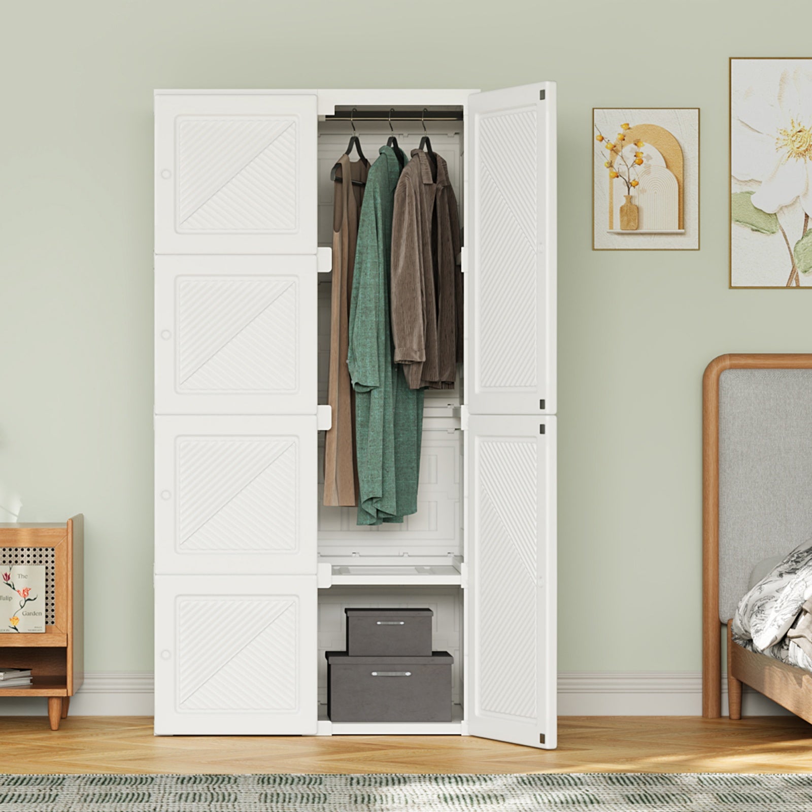 Armoire avec 8 compartiments, 6 portes, 1 suspension, sans installation, armoire portable, tringle à vêtements intégrée, 136x69x50 cm, blanc - 2