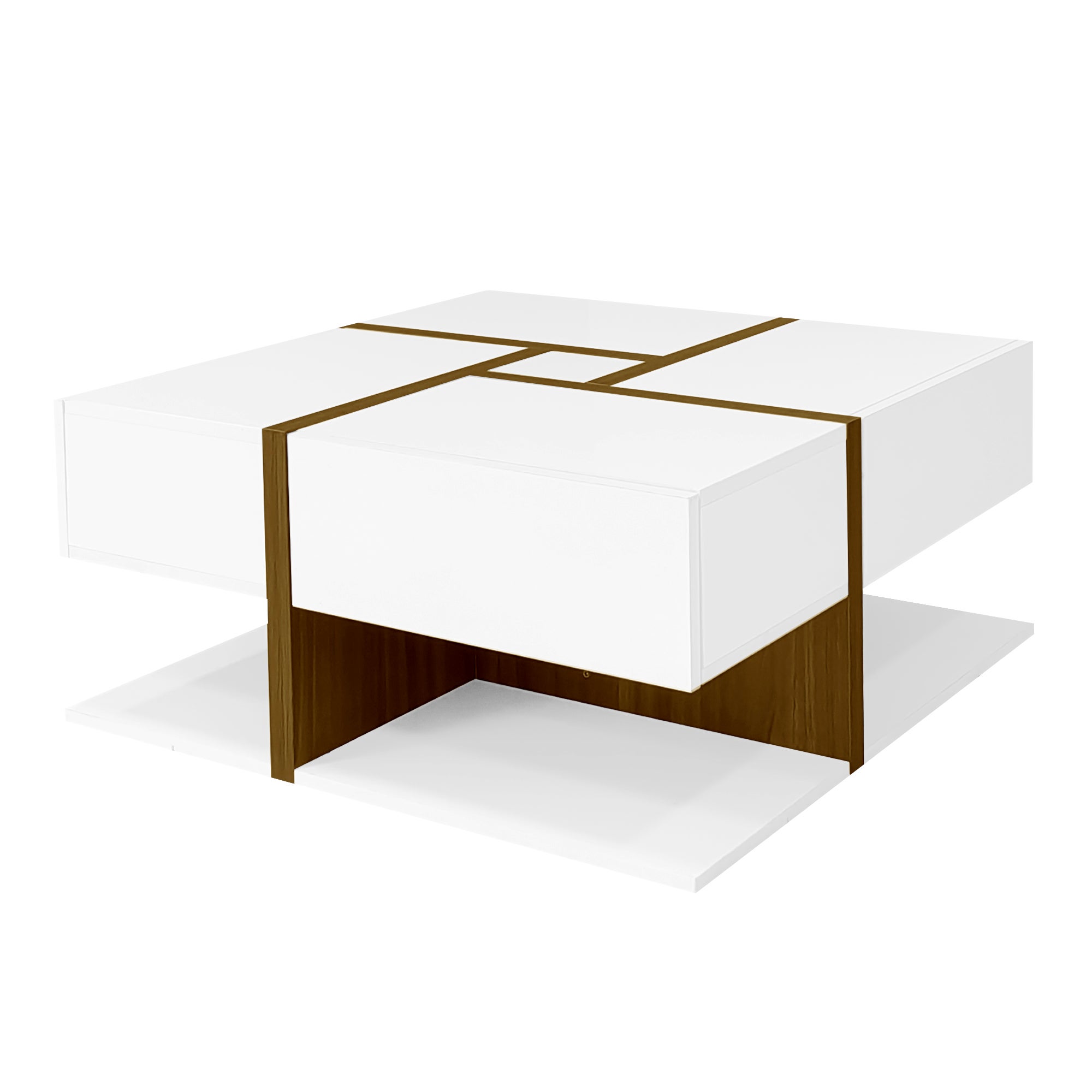 Table Basse Laquée avec Espace de Rangement Inférieur, Design Moderne à Lignes Bois, en Panneau de Particules Blanc et Couleur Bois 78×78×34,8 cm - 9
