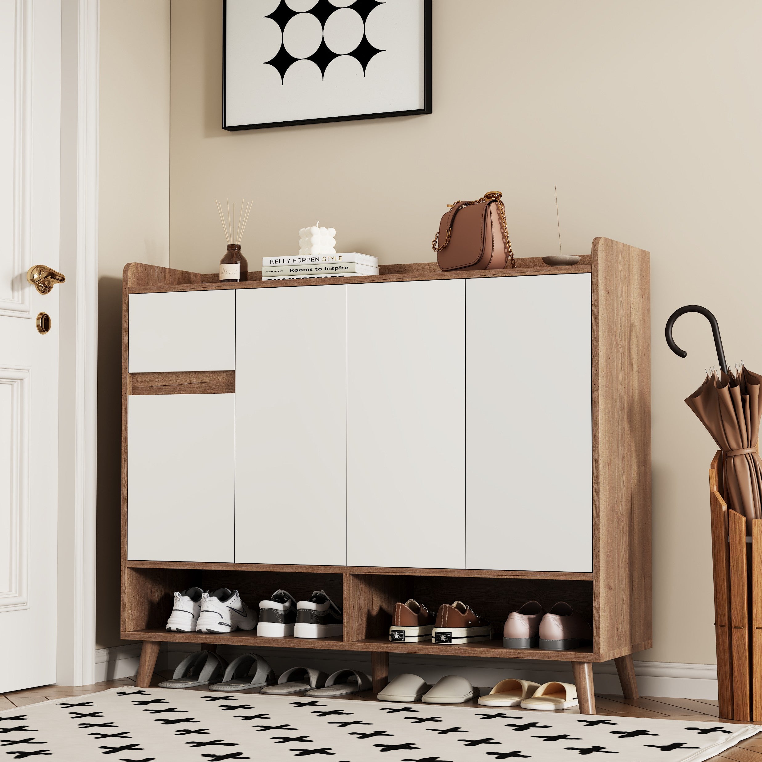 Aparador Zapatero Moderno Blanco | 4 Puertas + 1 Cajón | Estante Ajustable | 120x99x35 Cm | Gran Almacenaje