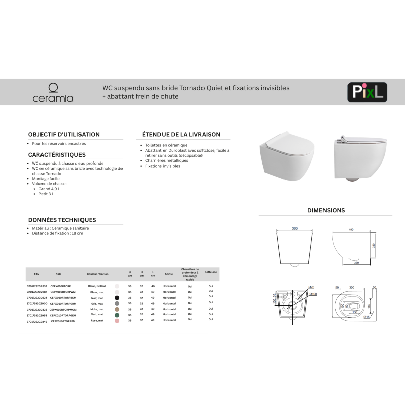 Duofix Pack WC bâti-support 112 cm + WC suspendu sans bride Ceramia avec abattant SoftClose + plaque blanche (GEBCEPXWT01-FR) - 5
