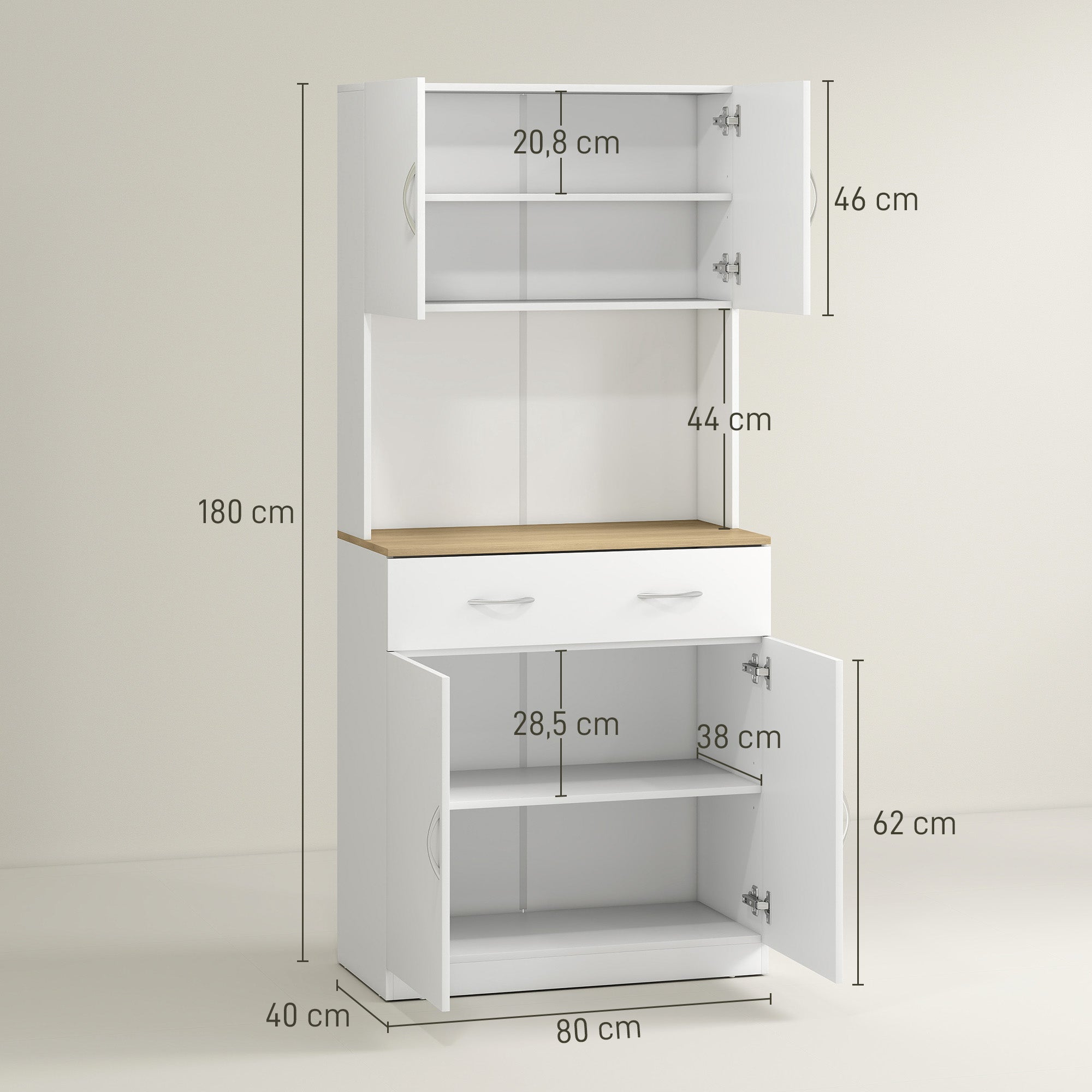 Credenza Cucina Alta Hzuaneri | 4 Ante, Cassetto E Ripiano Portaoggetti Interno | 40x80x180 Cm, Bianco Moderno | In Truciolato Con Meccanismo Antiribaltamento