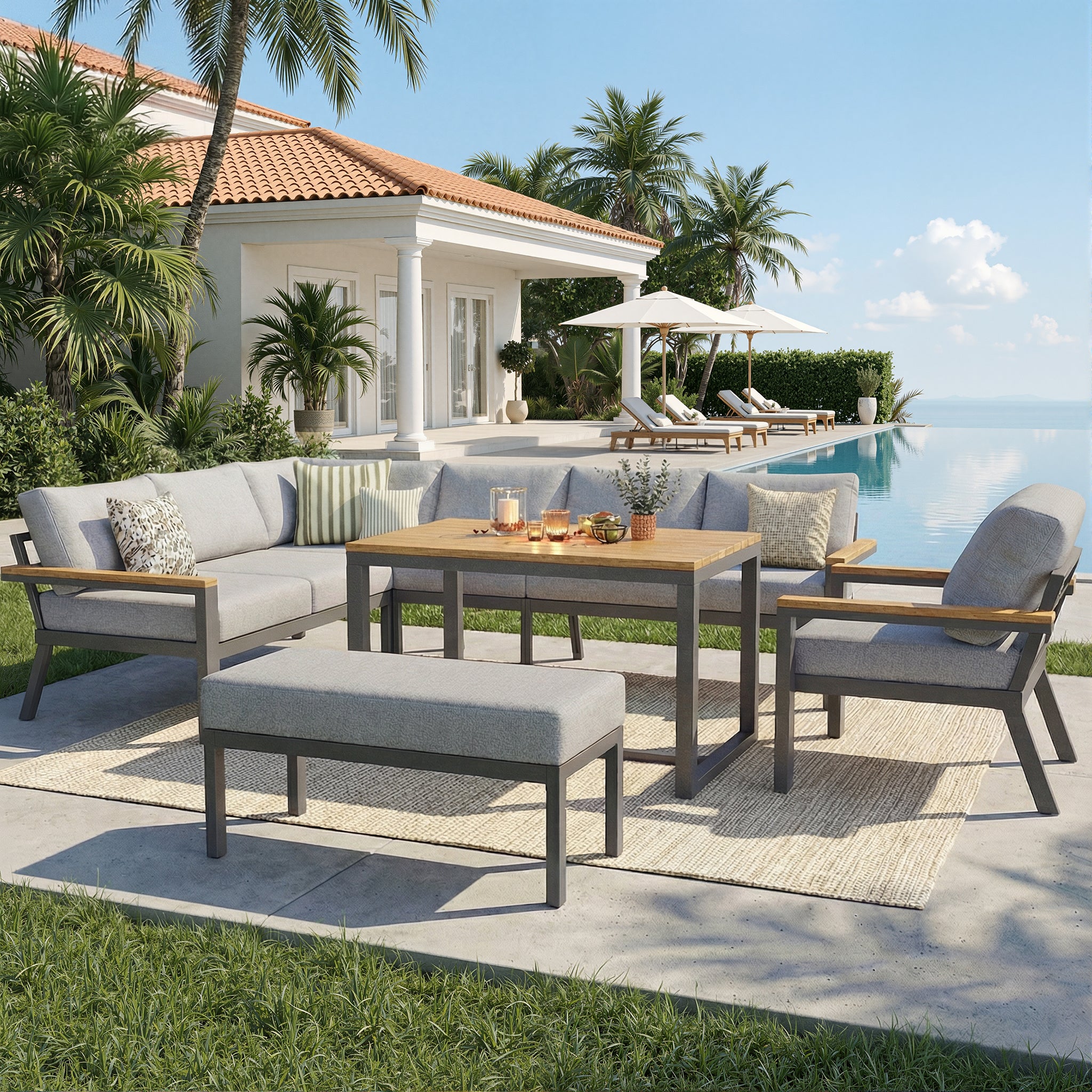 Salon de Jardin Exterieur pour 8 personnes,avec table en bois,Canapé d'angle extérieur en forme de L avec coussins,Ensemble de jardin en fer,Gris - 3