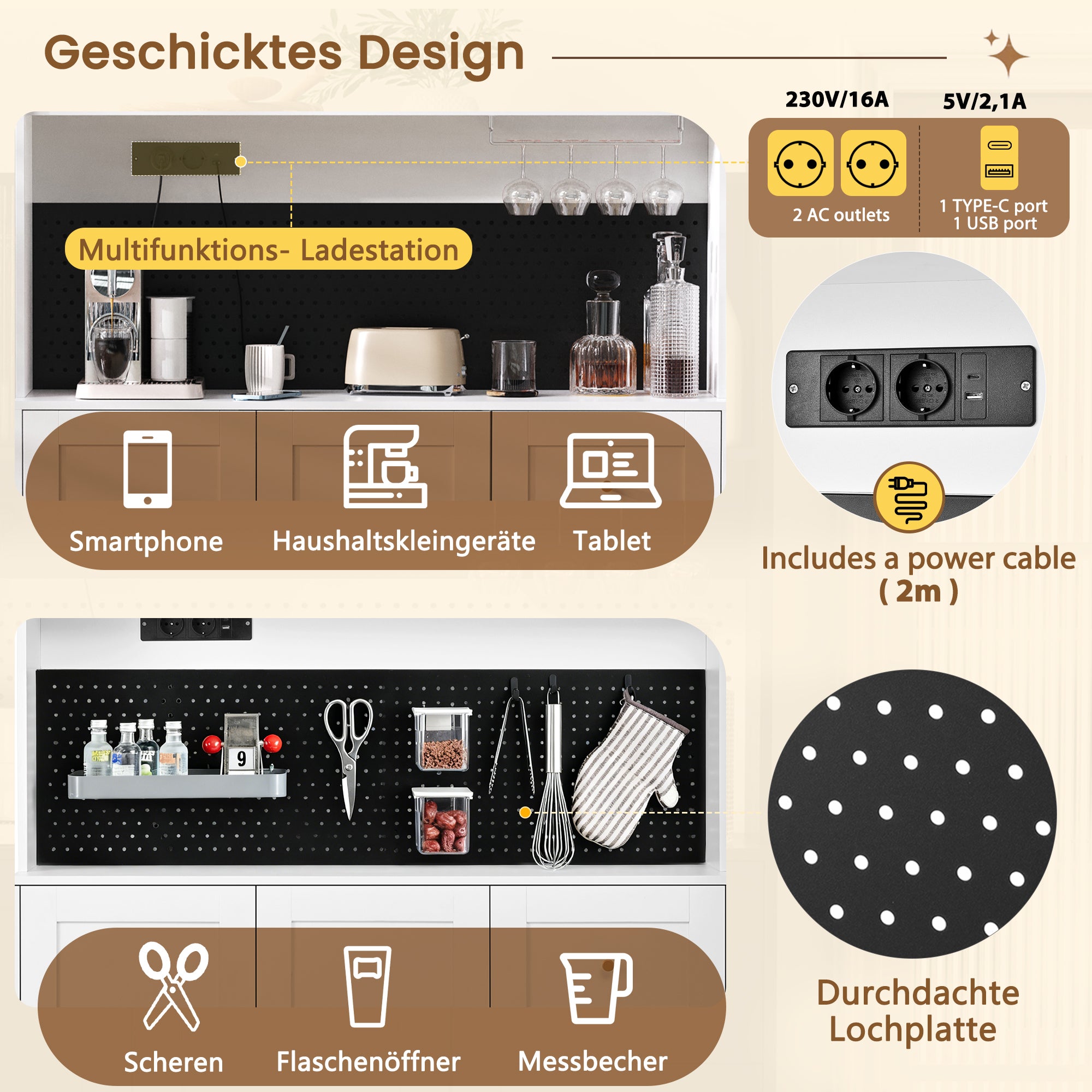 Kredens kuchenny z 2 drzwiami drewnianymi, 2 drzwiami przesuwnymi ze szkła i 3 szufladami - 120 x 40 x 184 cm - MDF - biały - 7