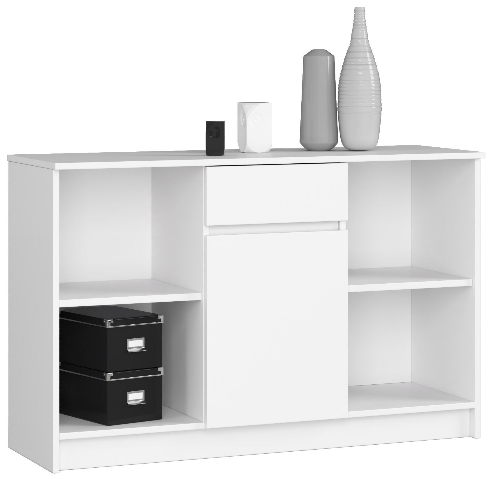 Komoda: 1 szuflada, 1 drzwi, 6 półek, biała, 120 x 77 x 40 cm