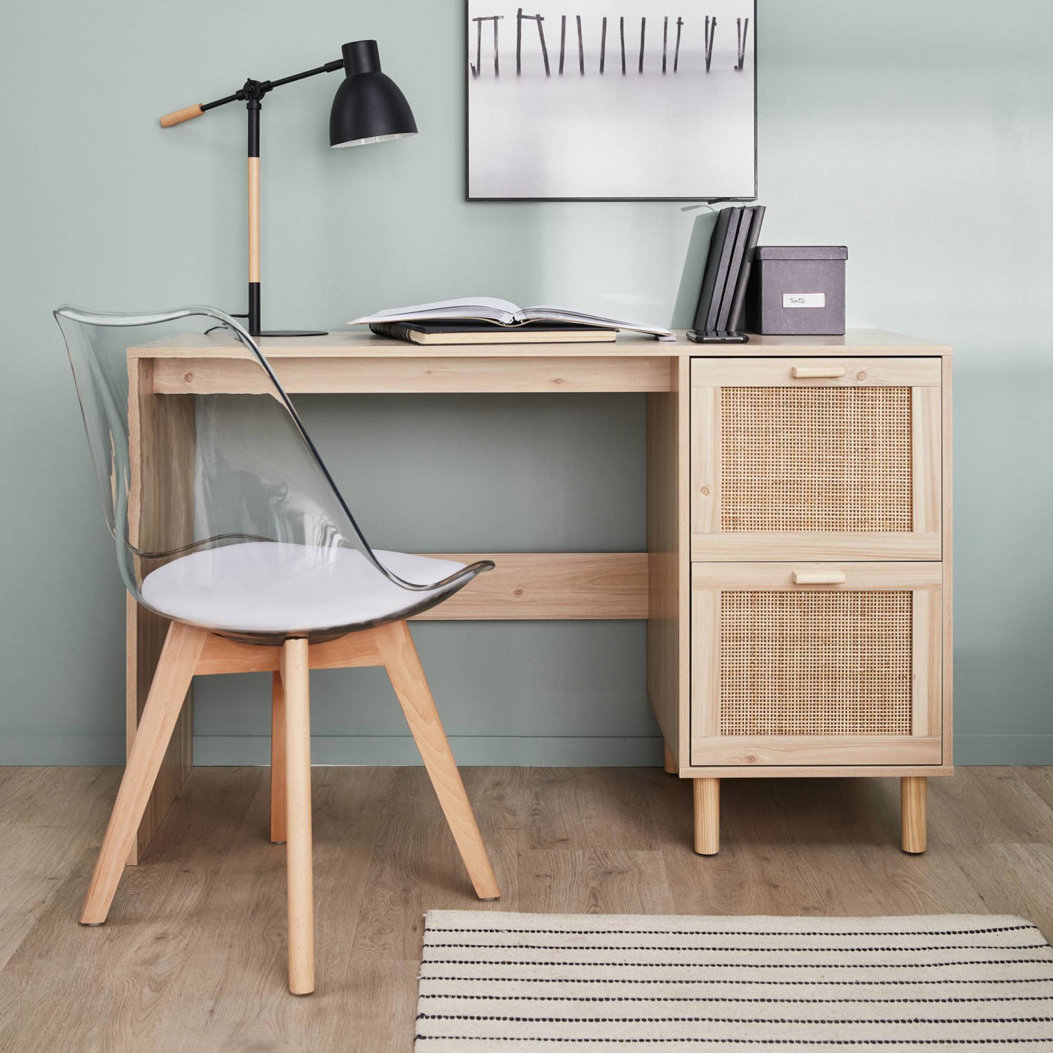 Bureau décor bois et cannage - Camargue - 120cm. 2 tiroirs - 2