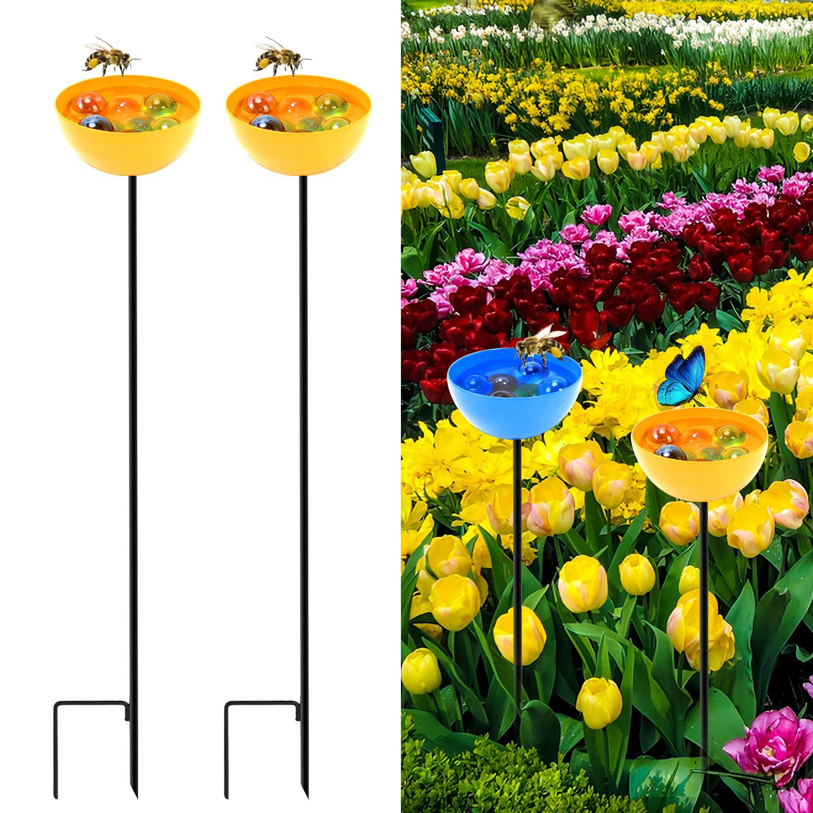 Karmnik i poidełko dla ptaków ogrodowych, miska i koryto na pokarm dla dzikich ptaków, żółty półokrąg, 65x8cm, 2 sztuki