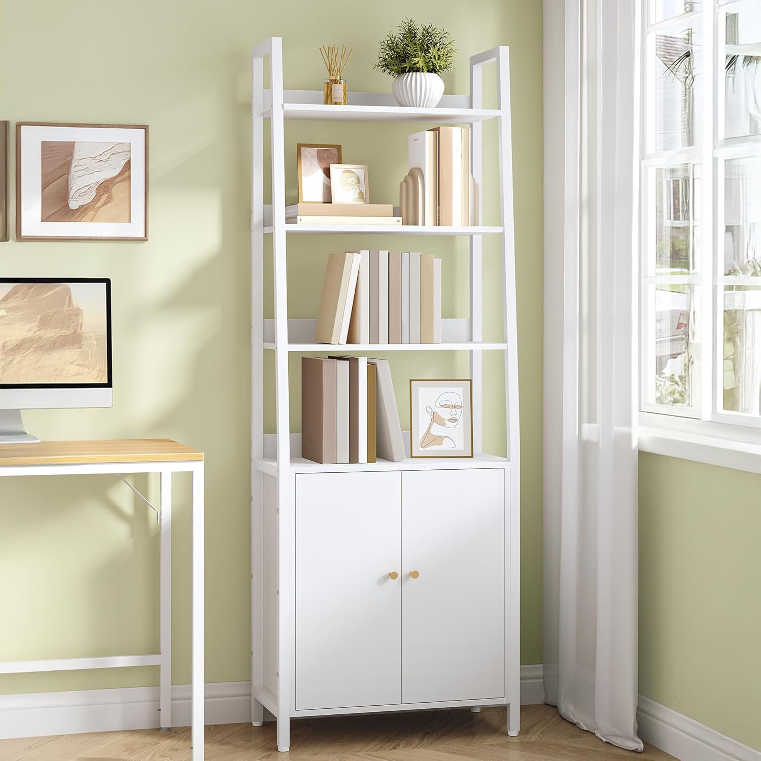 Libreria Scaffale a 6 Ripiani con Ante, Libreria Verticale a Scaletta, Librerias con 4 Ripiani Aperti,Struttura in Acciaio,Ripiani Regolabili,Bianco - 2