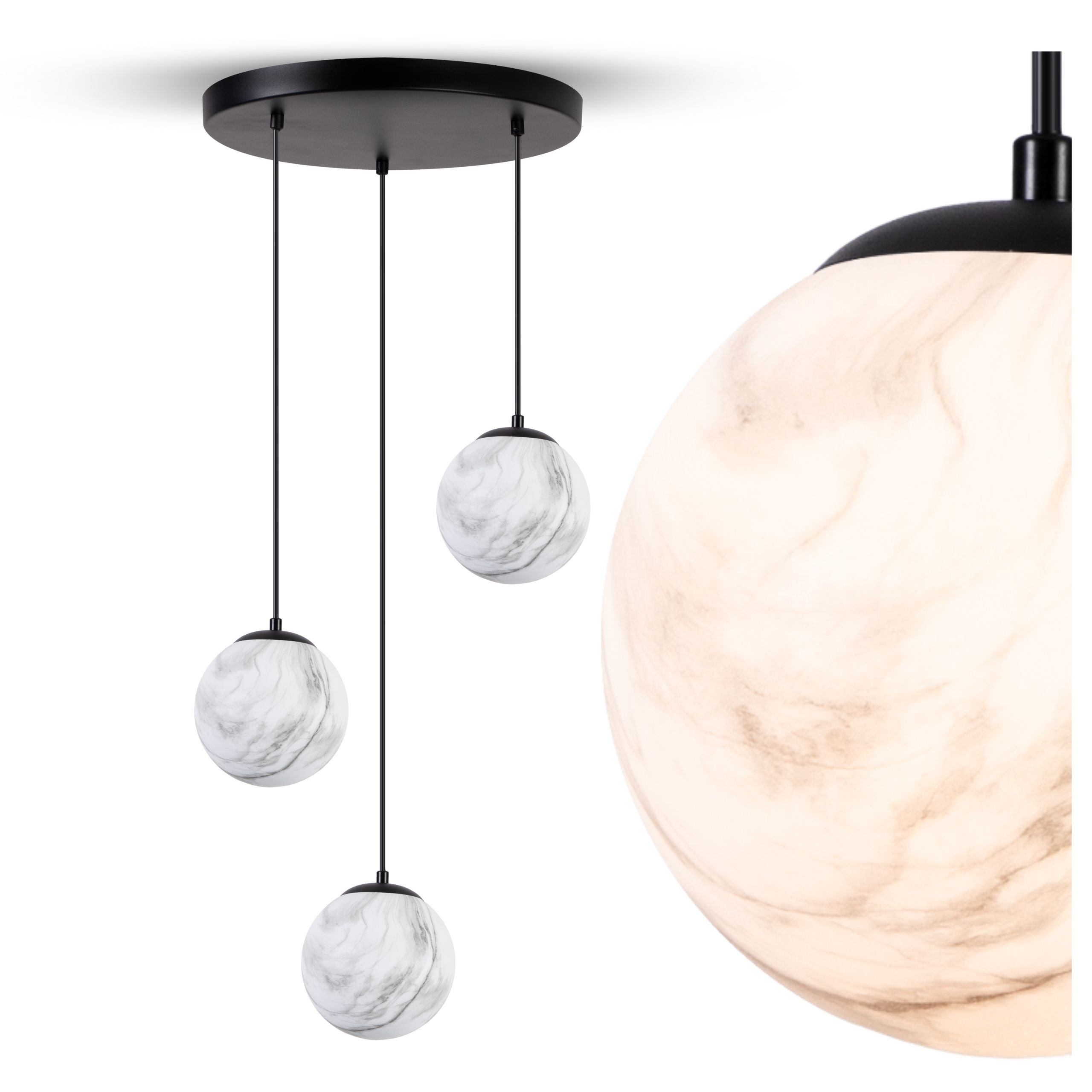 Lampa wisząca sufitowa ze wzorem MARMUR biały CZARNY Żyrandol szklany KULA 3x E27 DEKORACYJNY Ozdobny - LEDHOFF