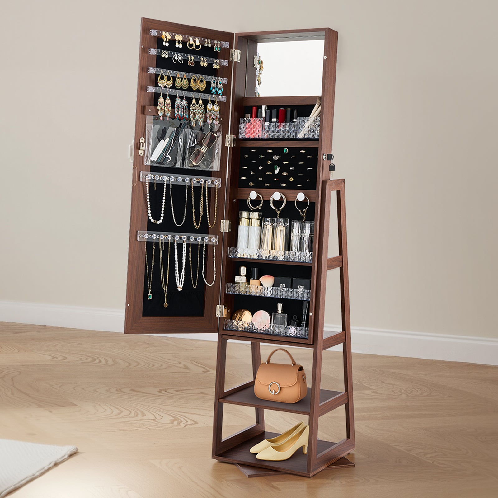 Armoire à Bijoux Pivotante VEVOR 360°, sur Pied 1550 mm avec Miroir Pleine Longueur, Rangement & Porte Verrouillable à 2 Clés, Pochettes Accessoires - 8