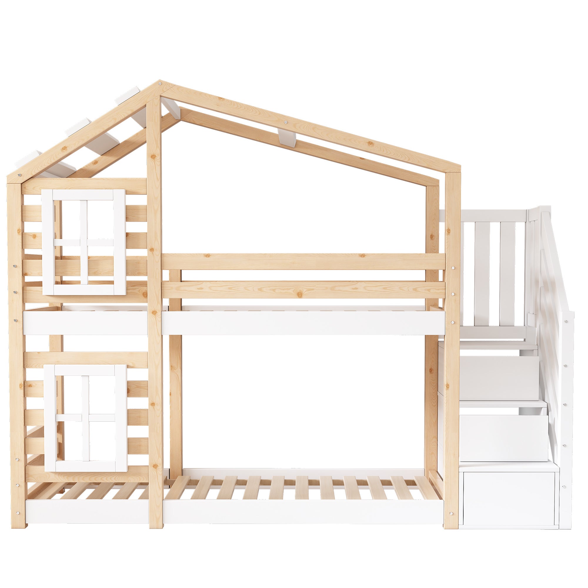 Lit superposé enfant 90x200 cm design maison dans les arbres - EN 747- lit mezzanine en bois en rangements escalier et barrières sécurité, naturel - 4