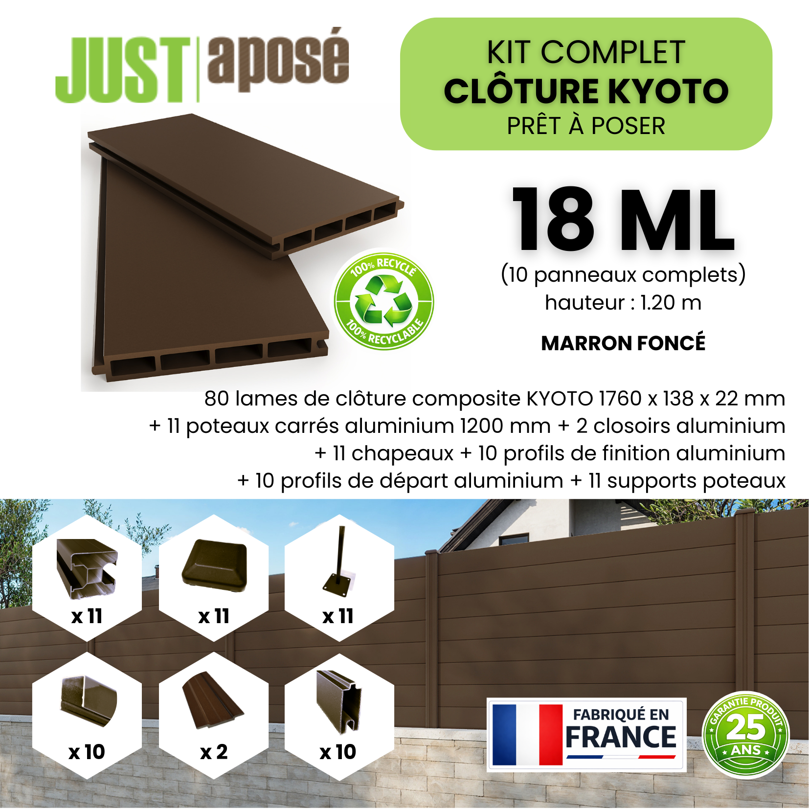 Kit complet clôture composite KYOTO - 10 panneaux complets - 18 x 1,20 m - Prêt à poser - Marron foncé - 4