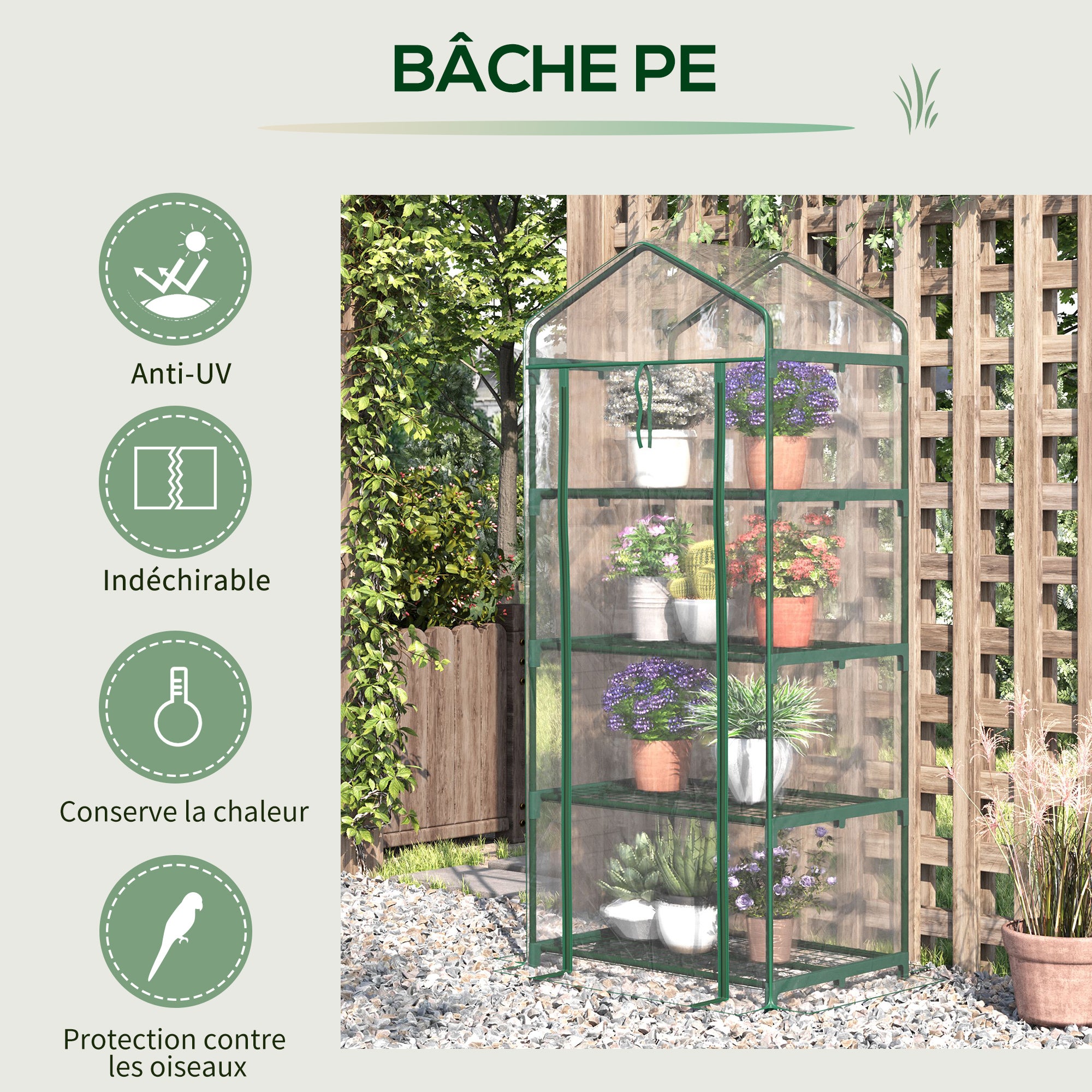 Serre de jardin avec étagères 4 niveaux, serre de balcon, bâche renforcée PVC, châssis en acier,intérieur et extérieur, 70x50x160cm, transparente - 7
