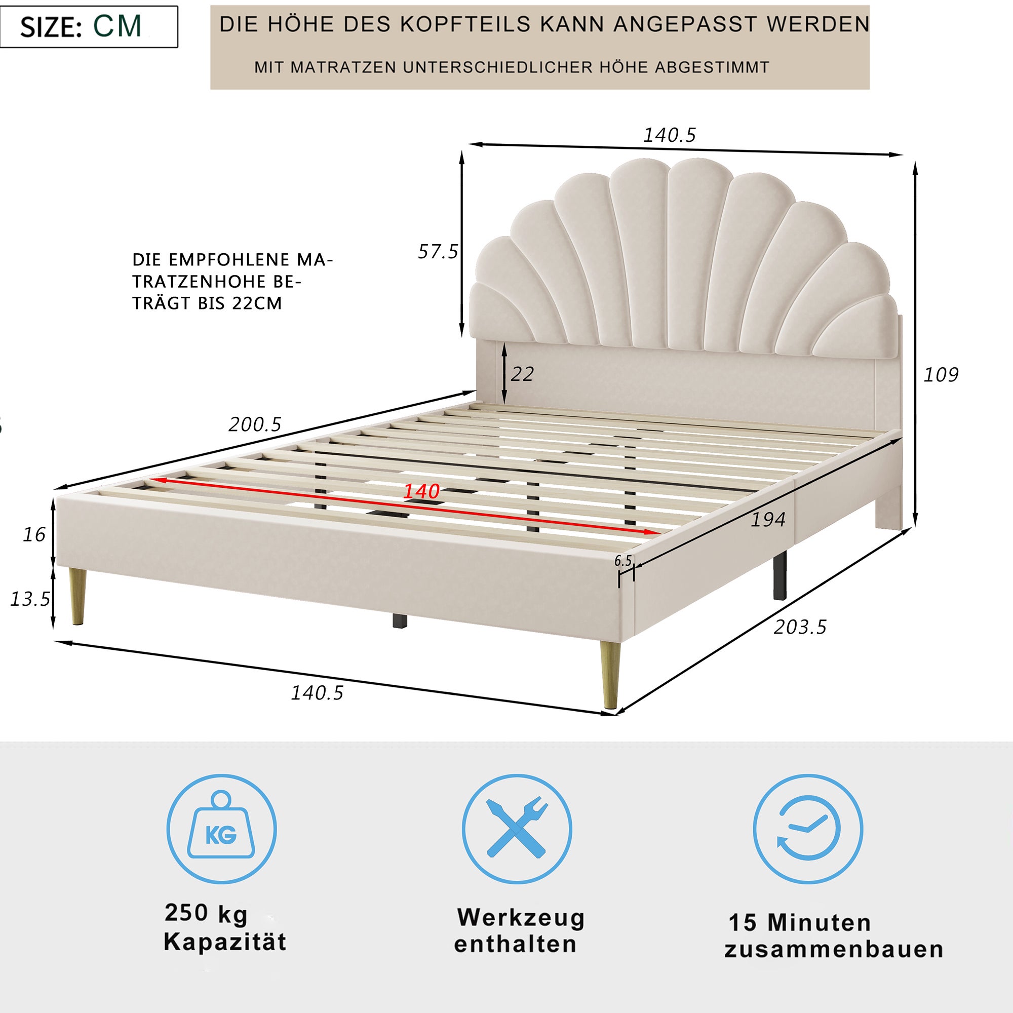 Lit 140x190 cm avec sommier à lattes, COZY, forme de pétale, cadre de lit double, lit enfant, tissu en velours, 140x190 cm, beige - 6