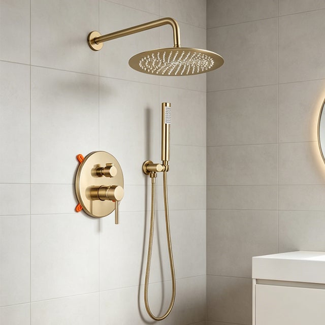 Robinet de douche en or brossé intégré en 2 voies mélangeurs de douche mural pluie salle de bain robinet de douche pomme en acier inoxydable，20cm