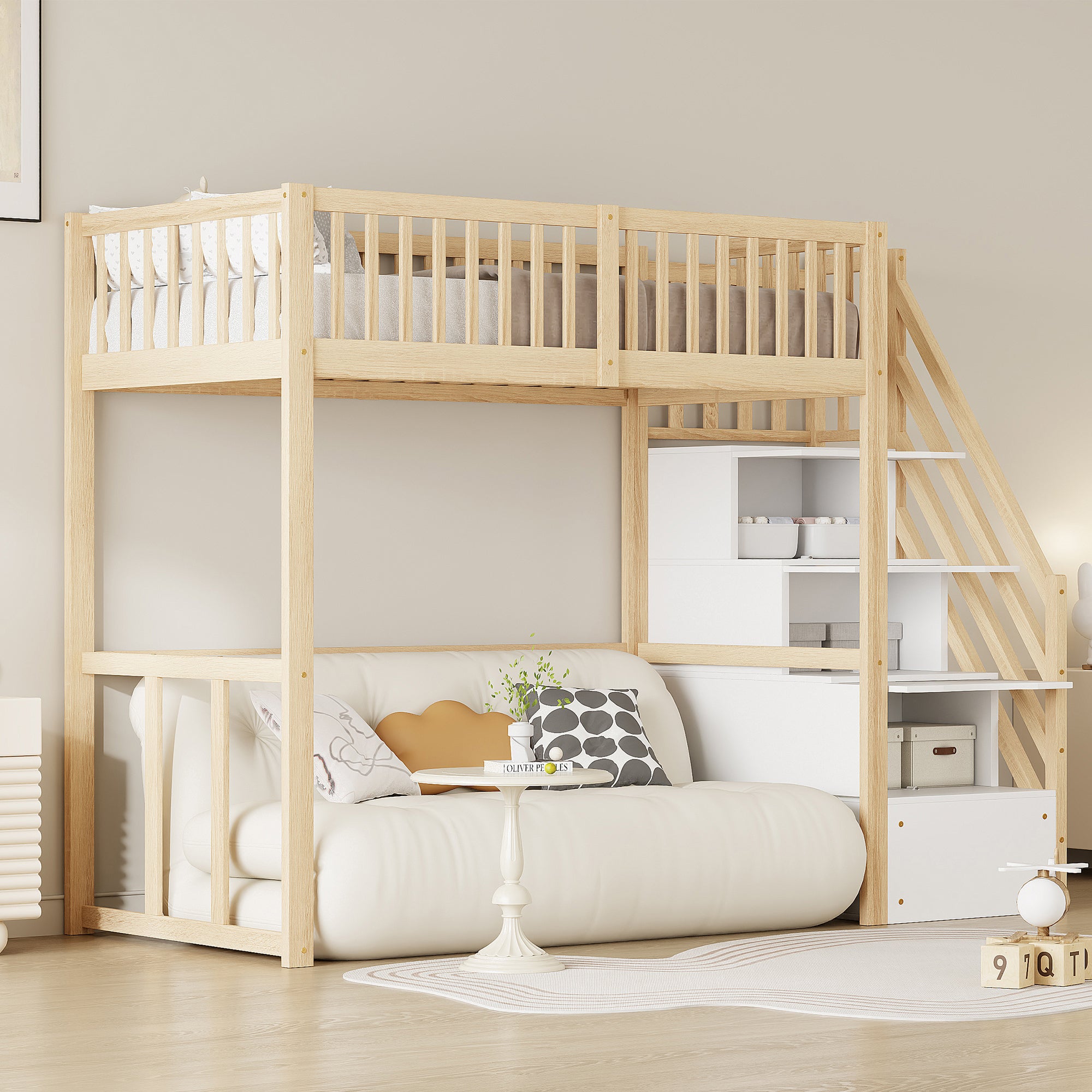 Lit mezzanine 90x200cm en bois massif - avec escalier de rangement - Naturel - 2