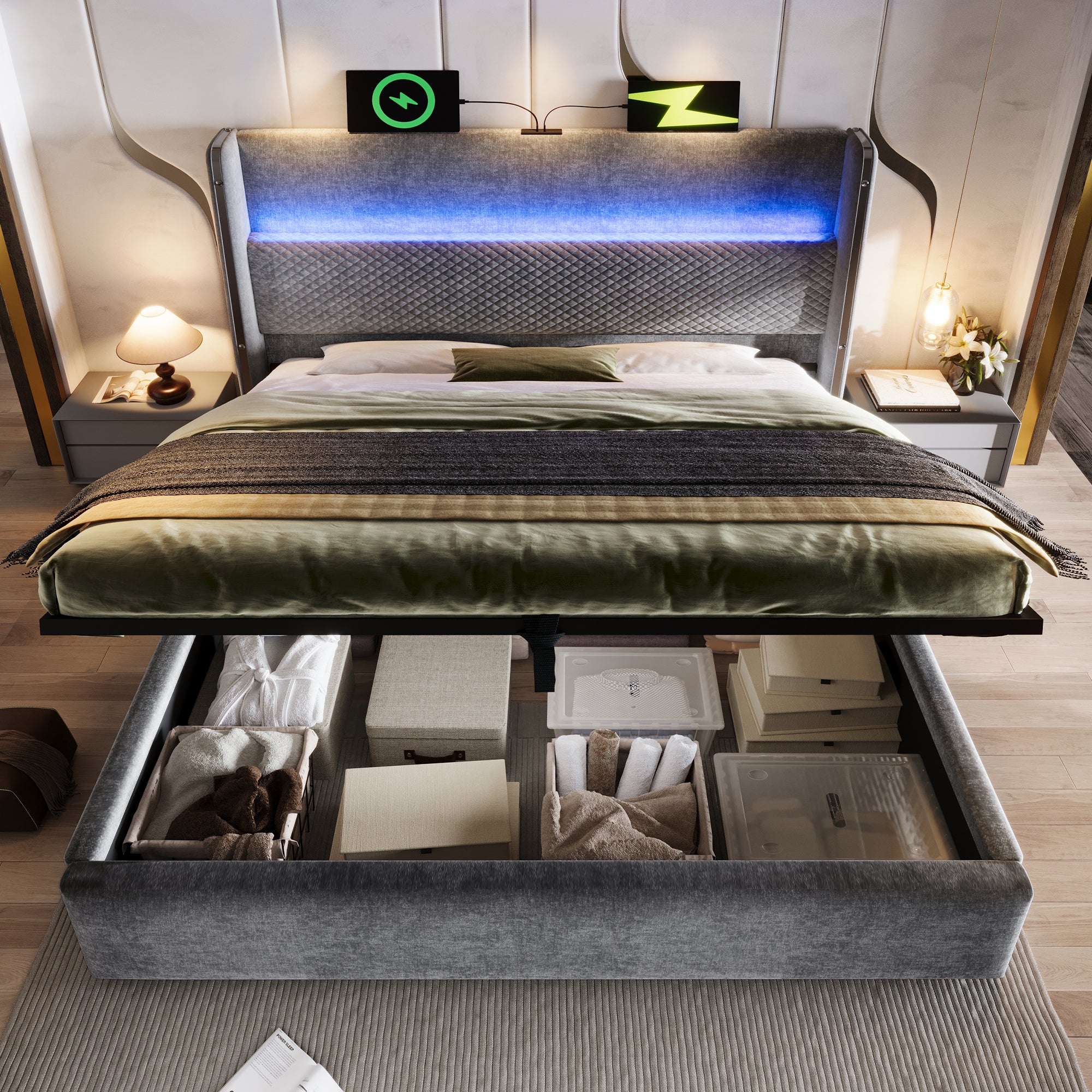 letto contenitore 140x200 cm testiera alta LED, stazione di ricarica USB/Type-C lino grigio senza materasso - 2