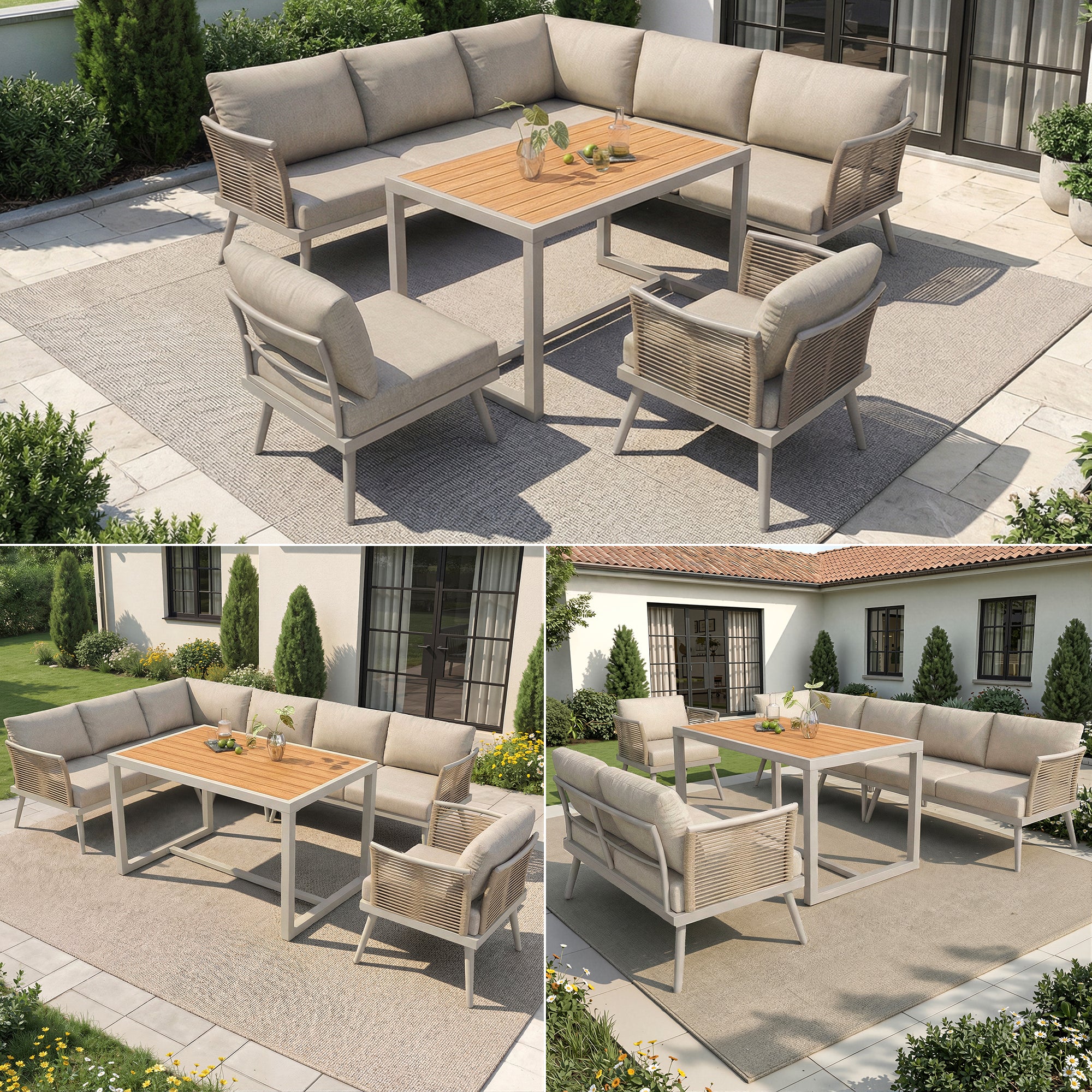 Ensemble de canapé de jardin 7 places,Canapé d'angle extérieur en forme de L avec coussin,main courante tressée,Ensemble de jardin imperméable,Beige - 9
