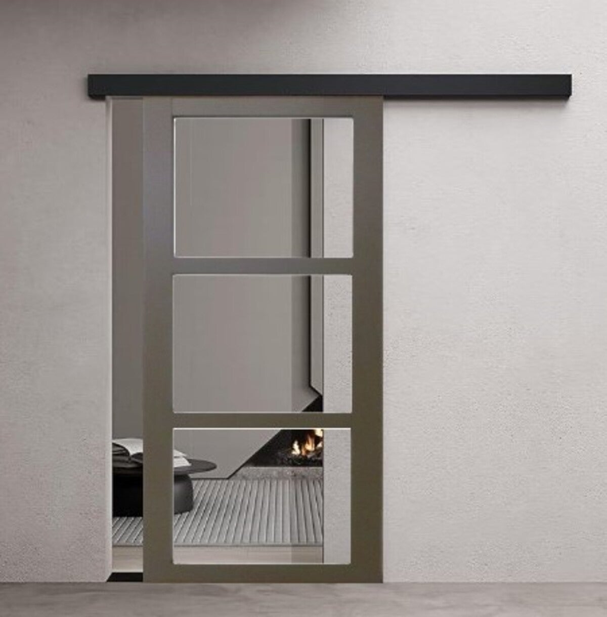 Porte Coulissante Gris Beige Vitrage Transparent H204 X L73 Cm, Rail Alu Bandeau Noir Gd Menuiseries - 5