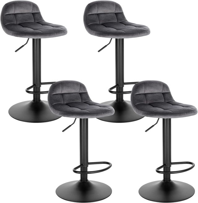 Tabouret De Bar Réglable - Velours Noir, Pivotant 360°, Avec Repose-pieds - Pour îlot Cuisine, Comptoir, Bureau
