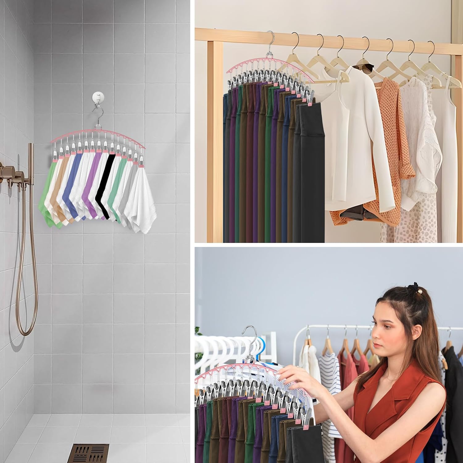 Stendibiancheria rosa 37*17cm con 2 cinghie antiscivolo in acciaio inox e 10 clip per appendere i calzini - 5