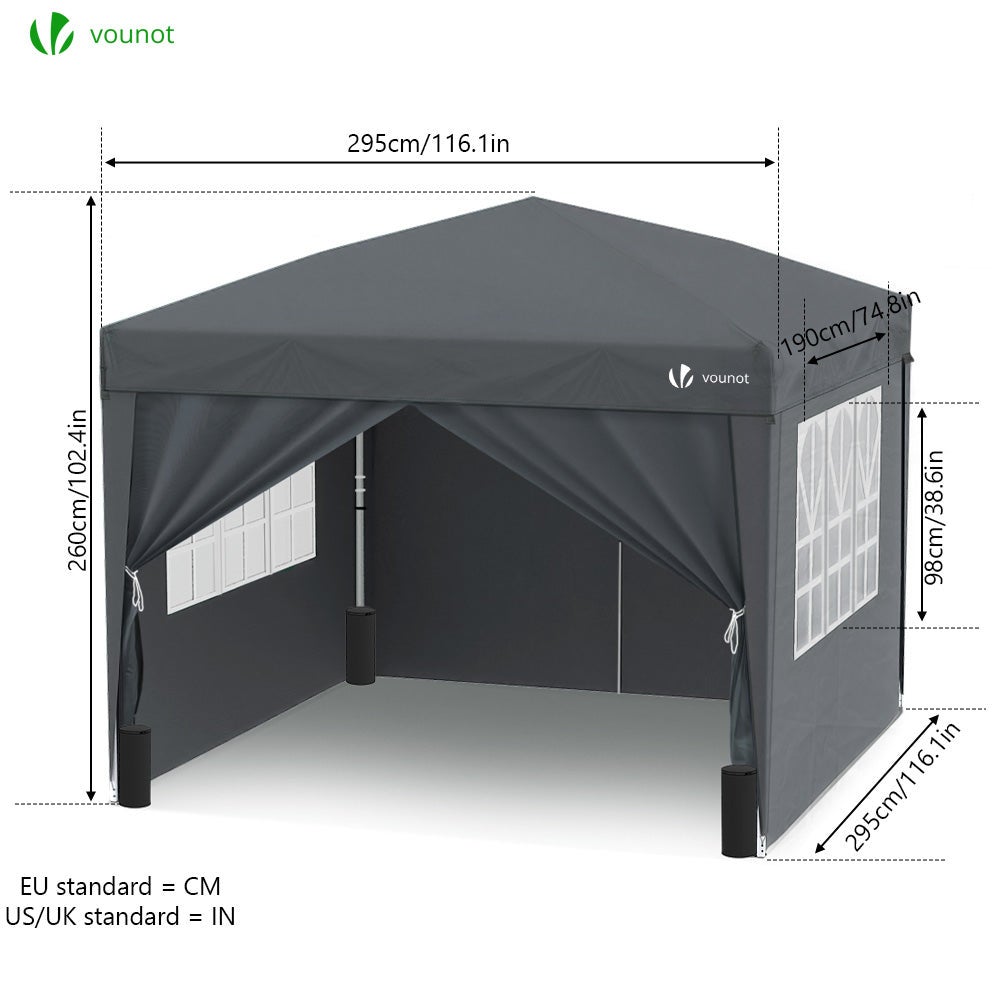 Tonnelle de jardin 3x3m pliable avec portes et fenêtres et sac de transport gris - VOUNOT® - 3
