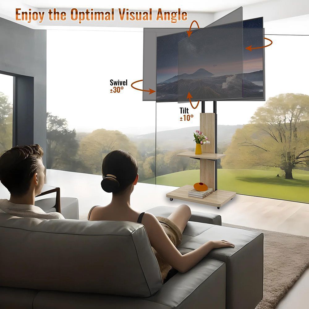 Meuble TV mobile réglable avec rangement,60x40cm,naturel,pour TV 32-75 pouces roulettes verrouillables - 9